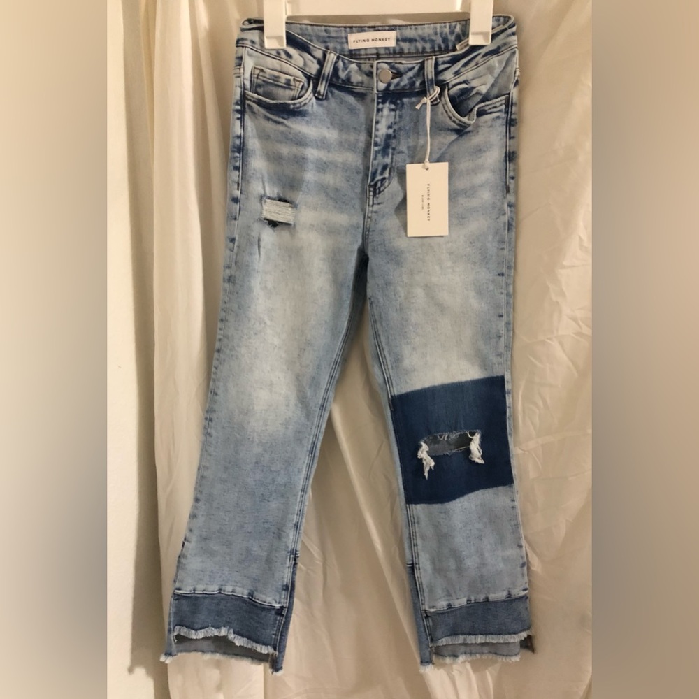 Flying monkey shredded distressed patchwork look‎ frayed hem jeans size 28 new